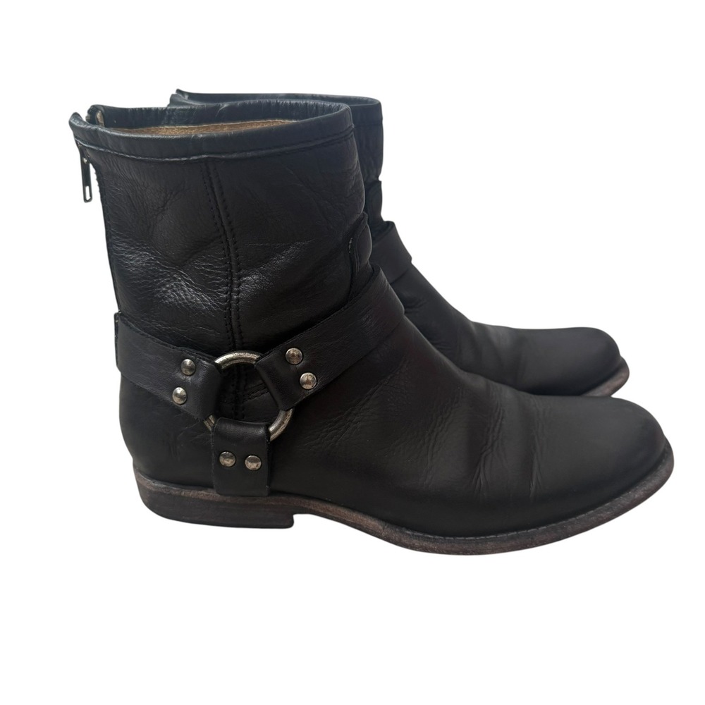 VTG Frye Phillip Harness Women's Size 7.5 Black Leather Back Zip Boots EUC
